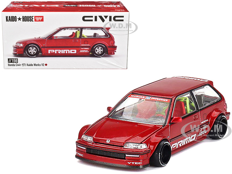 Honda Civic EF Kaido Works V2 Red Metallic with Graphics Designed by Jun Imai Kaido House Special 1/64 Diecast Model Car Mini GT KHMG156