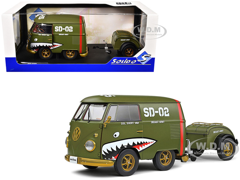 1950 Volkswagen Kool Kombi Van with Trailer Army Fighter Green with Graphics 1/18 Diecast Model Car Solido S1810901