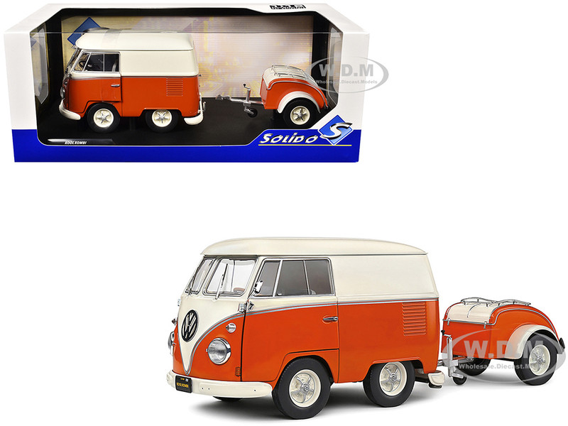 1950 Volkswagen Kool Kombi Van with Trailer Orange and White 1/18 Diecast Model Car Solido S1810902