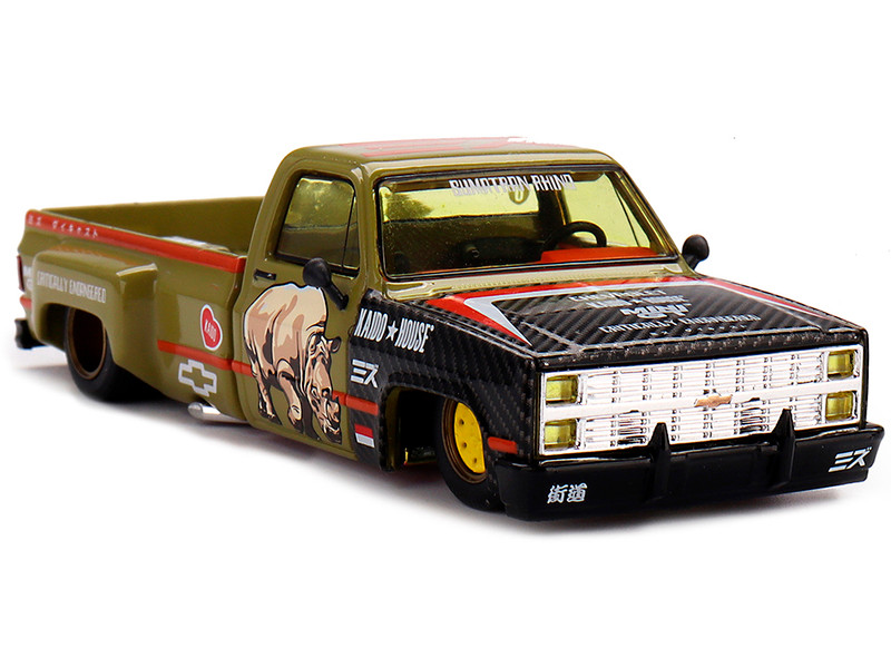 Chevrolet Silverado Dually Pickup Truck Sumatran Rhino Tan and Carbon with Graphics Designed by Jun Imai Kaido House Special 1/64 Diecast Model Car Mini GT KHMG153