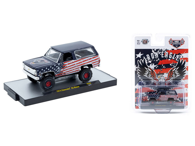 1974 Chevrolet K5 Blazer Iron Eagle Dark Blue with American Flag Graphics Limited Edition to 5500 pieces Worldwide 1/64 Diecast Model Car M2 Machines 31500-HS60