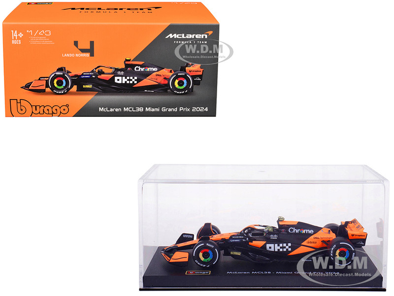 McLaren MCL38 #4 Lando Norris OKX Winner Formula One F1 Miami GP 2024 with Driver Figure and Display Case Race Series 1/43 Diecast Model Car Bburago 38215LN