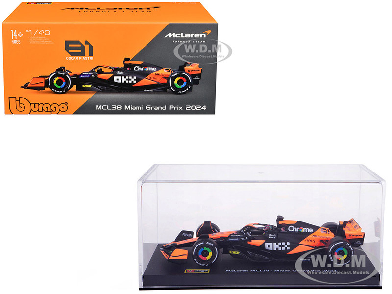 McLaren MCL38 #81 Oscar Piastri OKX Formula One F1 Miami GP 2024 with Driver Figure and Display Case Race Series 1/43 Diecast Model Car Bburago 38215OP