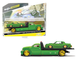 Maisto Flatbed Truck Green Metallic with Graphics and 1987 Buick Regal T Type Green Metallic with Graphics Lowriders Elite Transport Series 1/64 Diecast Models Maisto 15055-25B