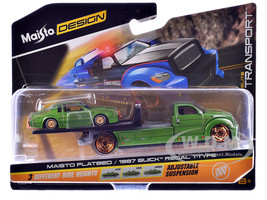 Maisto Flatbed Truck Green Metallic with Graphics and 1987 Buick Regal T Type Green Metallic with Graphics Lowriders Elite Transport Series 1/64 Diecast Models Maisto 15055-25B