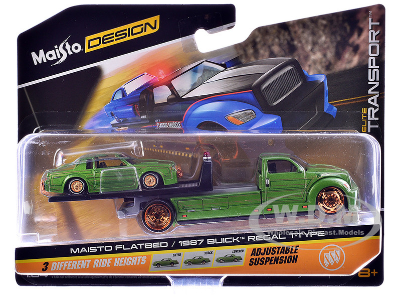 Maisto Flatbed Truck Green Metallic with Graphics and 1987 Buick Regal T Type Green Metallic with Graphics Lowriders Elite Transport Series 1/64 Diecast Models Maisto 15055-25B