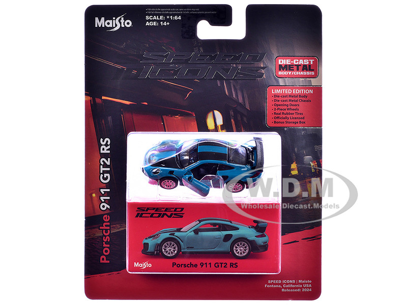 Porsche 911 GT2 RS Blue with Carbon Stripes Speed Icons Series 1/64 Diecast Model Car Maisto 15707BL