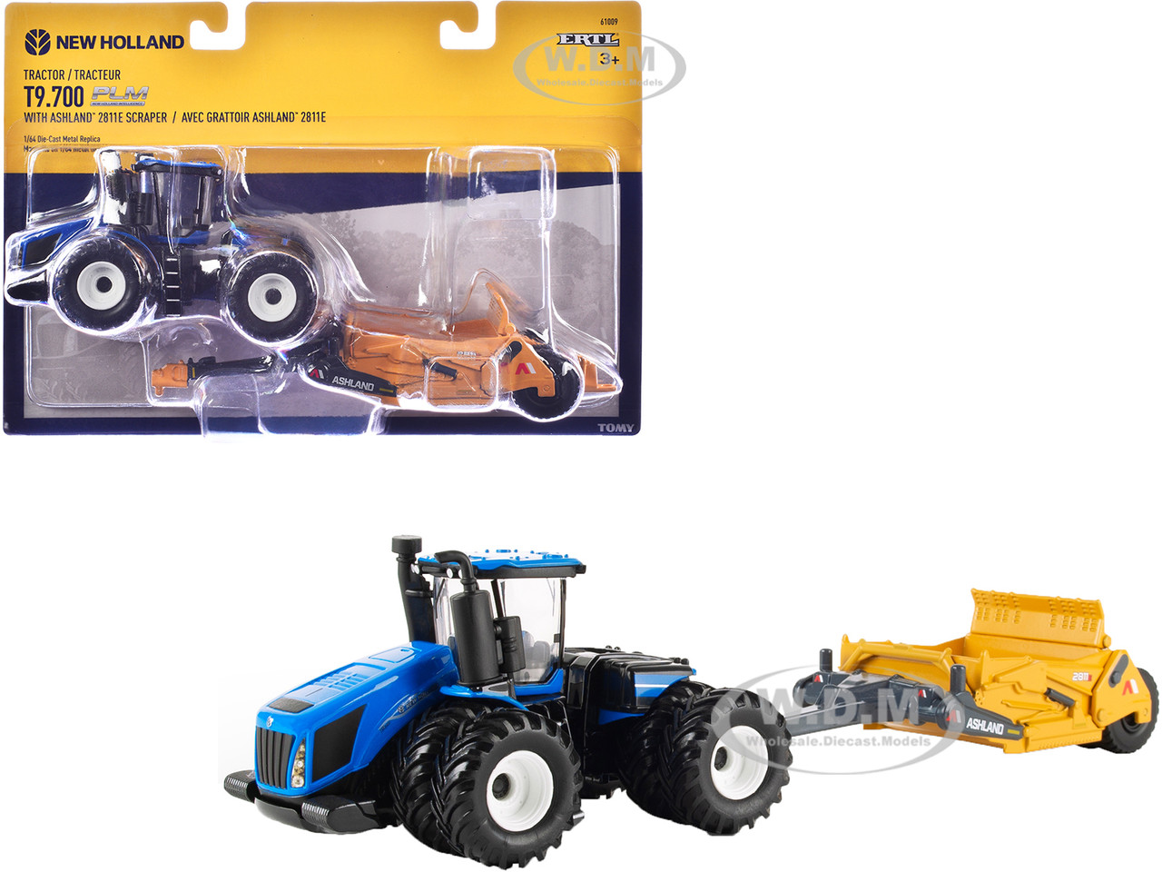 New Holland T9.700 Tractor Blue with Ashland 2811E Scraper Yellow