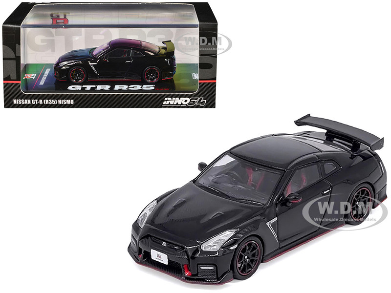 Nissan GT R R35 Nismo RHD Right Hand Drive Nismo Black with Carbon Hood and Top 1/64 Diecast Model Car Inno Models IN64-R35N-BLA