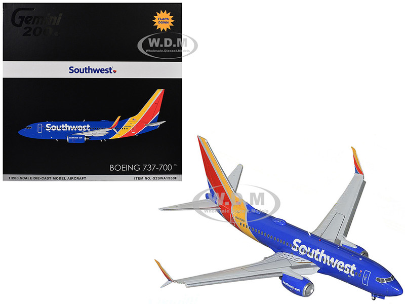Boeing 737 700 Commercial Aircraft with Flaps Down Southwest Airlines N943WN Blue with Striped Tail Gemini 200 Series 1/200 Diecast Model Airplane GeminiJets G2SWA1350F