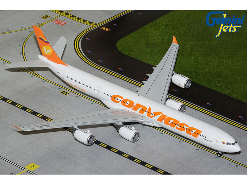 Airbus A340 600 Commercial Aircraft Linea Aerea Conviasa YV3545 White with Orange Tail Gemini 200 Series 1/200 Diecast Model Airplane GeminiJets G2VCV1355