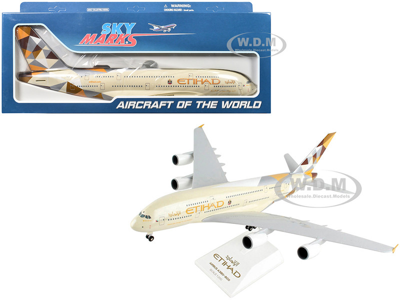 Airbus A380-800 Commercial Aircraft Landing Gear Etihad Airways F-WWDD Beige Tail Graphics Snap-Fit 1/200 Plastic Model Skymarks SKR840