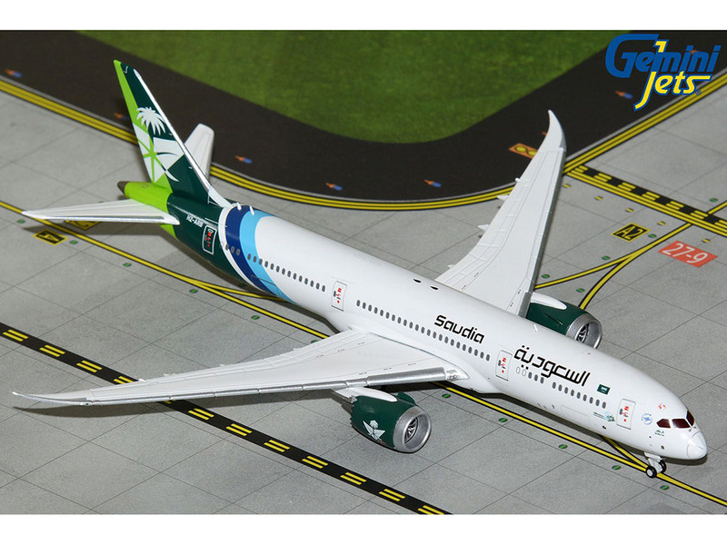 Boeing 787 9 Commercial Aircraft Saudia Airline HZ ARB White with Tail Graphics 1/400 Diecast Model Airplane GeminiJets GJ2310