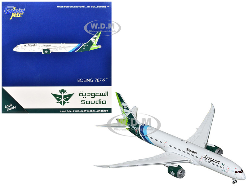 Boeing 787 9 Commercial Aircraft Saudia Airline HZ ARB White with Tail Graphics 1/400 Diecast Model Airplane GeminiJets GJ2310