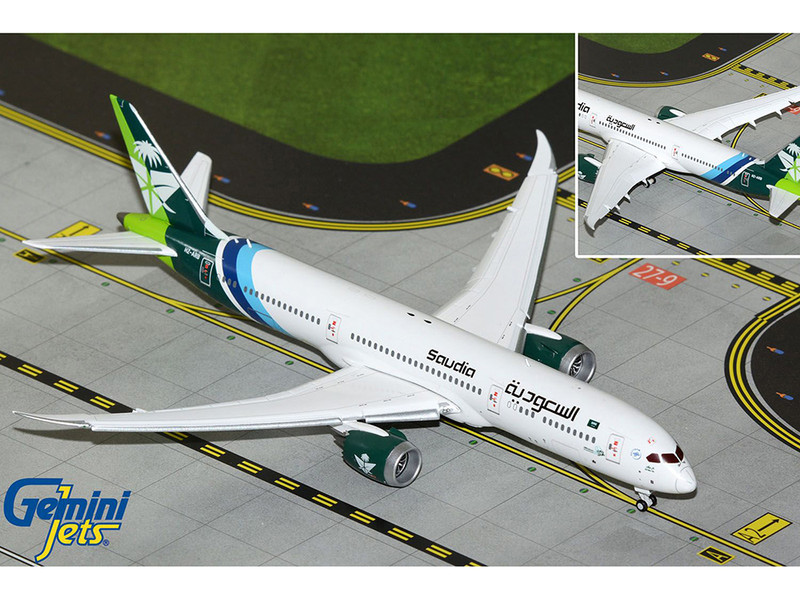 Boeing 787 9 Commercial Aircraft with Flaps Down Saudia Airline HZ ARB White with Tail Graphics 1/400 Diecast Model Airplane GeminiJets GJ2310F