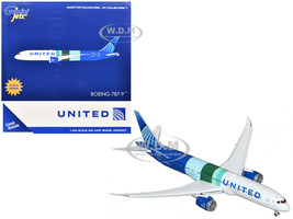 Boeing 787 9 Commercial Aircraft with Flaps Down United Airlines The Future is SAF N24988 White and Blue with Stripes 1/400 Diecast Model Airplane GeminiJets GJ2333F