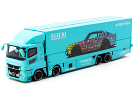 Mitsubishi Fuso Truck with Transporter Liberty Walk Suzuki Transport Light Blue with Graphics Truck64 Series 1/64 Diecast Model Car Tarmac Works T64T-TL001-LBS