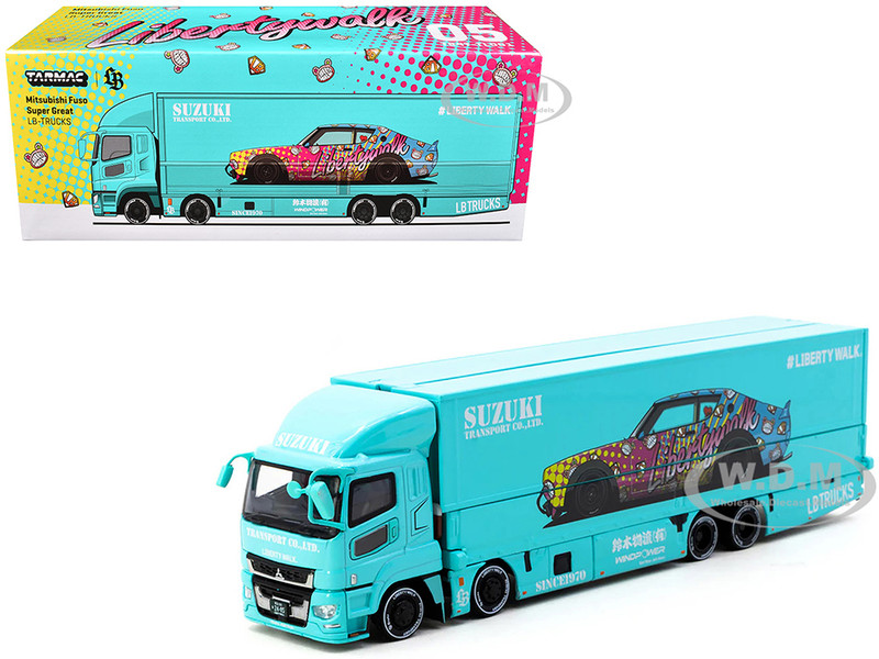 Mitsubishi Fuso Truck with Transporter Liberty Walk Suzuki Transport Light Blue with Graphics Truck64 Series 1/64 Diecast Model Car Tarmac Works T64T-TL001-LBS