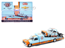 1973 Chevrolet C30 Wedge Truck Light Blue and Orange and 1978 Chevrolet Silverado 10 Bedless Truck #15 Light Blue and Orange Rusted Gulf Oil Limited Edition to 8000 pieces Worldwide 1/64 Diecast Model M2 Machines 39200-MJS07