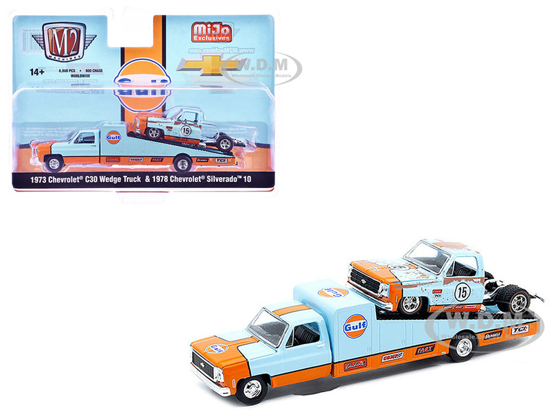 1973 Chevrolet C30 Wedge Truck Light Blue and Orange and 1978 Chevrolet Silverado 10 Bedless Truck #15 Light Blue and Orange Rusted Gulf Oil Limited Edition to 8000 pieces Worldwide 1/64 Diecast Model M2 Machines 39200-MJS07