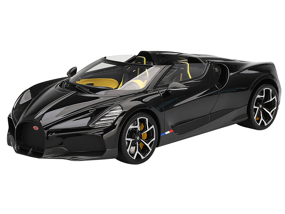 Bugatti W16 Mistral Black with Yellow Interior 1/18 Model Car by