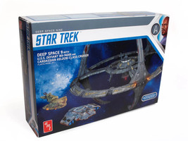 Skill 2 Model Kit Deep Space 9 Space Station with USS Defiant NX 74205 Space Ship and Cadassian Keldon Class Cruiser Star Trek Deep Space Nine 1993 1999 TV Series 1/3300 Scale Model AMT AMT1245