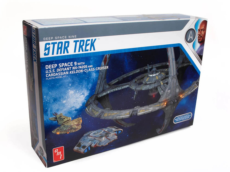 Skill 2 Model Kit Deep Space 9 Space Station with USS Defiant NX 74205 Space Ship and Cadassian Keldon Class Cruiser Star Trek Deep Space Nine 1993 1999 TV Series 1/3300 Scale Model AMT AMT1245