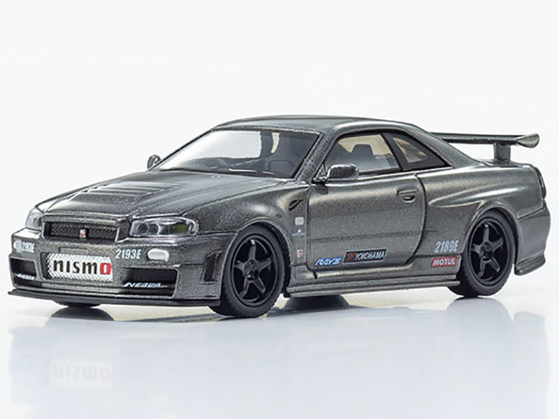 Nissan Skyline GT R Nismo BNR34 RHD Right Hand Drive Gray Metallic 1/64 Diecast Model Car Kyosho 07130LGR