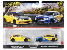 1999 Honda Civic Type R EK9 RHD Right Hand Drive Yellow with Red Interior and Honda Civic Type R #95 Spoon Sports Blue and Yellow Car Culture Set of 2 Cars Diecast Model Cars Hot Wheels JBL00