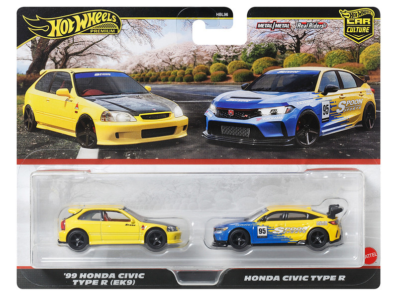 1999 Honda Civic Type R EK9 RHD Right Hand Drive Yellow with Red Interior and Honda Civic Type R #95 Spoon Sports Blue and Yellow Car Culture Set of 2 Cars Diecast Model Cars Hot Wheels JBL00