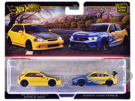 1999 Honda Civic Type R EK9 RHD Right Hand Drive Yellow with Red Interior and Honda Civic Type R #95 Spoon Sports Blue and Yellow Car Culture Set of 2 Cars Diecast Model Cars Hot Wheels JBL00