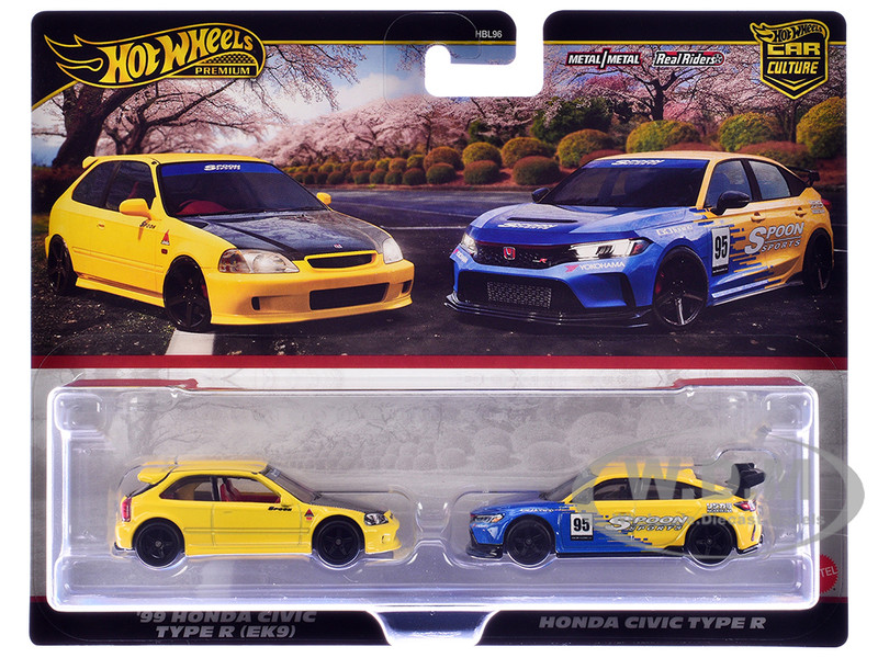 1999 Honda Civic Type R EK9 RHD Right Hand Drive Yellow with Red Interior and Honda Civic Type R #95 Spoon Sports Blue and Yellow Car Culture Set of 2 Cars Diecast Model Cars Hot Wheels JBL00