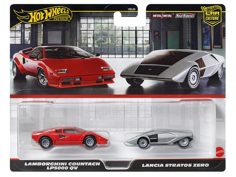 Lamborghini Countach LP5000 QV Red and Lancia Stratos Zero Gray Metallic Car Culture Set of 2 Cars Diecast Model Cars Hot Wheels JBL02