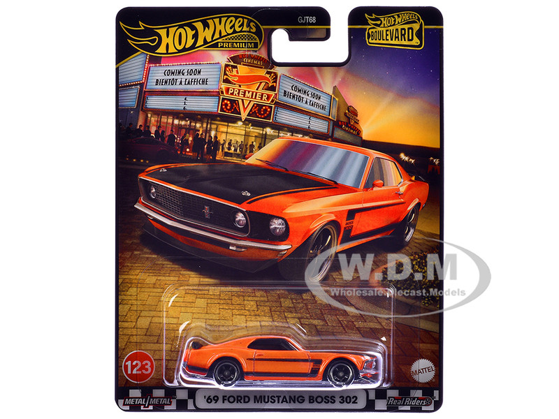 1969 Ford Mustang Boss 302 Orange with Black Stripes and Hood Boulevard Series Diecast Model Car Hot Wheels JBL20