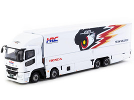 Mitsubishi Fuso Truck with Transporter Team MUGEN HRC White with Graphics Truck64 Series 1/64 Diecast Model Car Tarmac Works T64T-TL001-MU