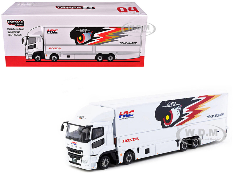 Mitsubishi Fuso Truck with Transporter Team MUGEN HRC White with Graphics Truck64 Series 1/64 Diecast Model Car Tarmac Works T64T-TL001-MU