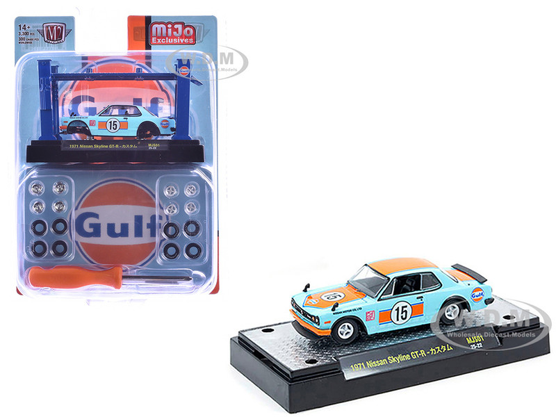 1971 Nissan Skyline GT R RHD Right Hand Drive #15 Gulf Oil Light Blue and Orange Auto Lifts Series Limited Edition to 3300 pieces Worldwide 1/64 Diecast Model Car M2 Machines 37000-MJS01