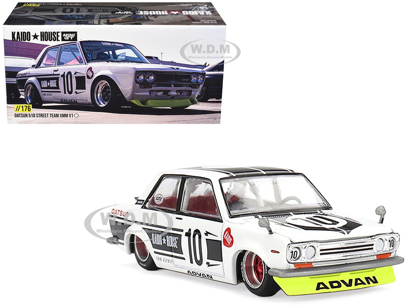 Datsun 510 Street #10 Team XMM V1 White with Black Stripes Designed by Jun Imai Kaido House Special 1/64 Diecast Model Car by Mini GT KHMG176