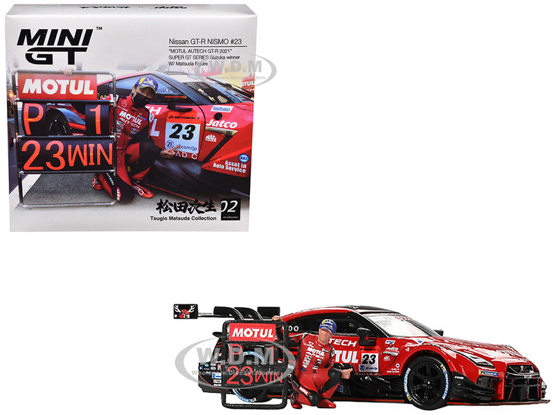 Nissan GT R NISMO #23 Tsugio Matsuda Ronnie Quintarelli MOTUL AUTECH Winner Suzuka Super GT Series 2021 with Matsuda Figure Limited Edition 1/64 Diecast Model Car Mini GT MGT00875