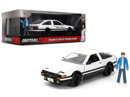 Toyota Trueno AE86 RHD Right Hand Drive White and Black with Graphics and Takumi Diecast Figure Initial D 1998 2021 TV Series Anime Hollywood Rides Series 1/24 Diecast Model Jada 34501