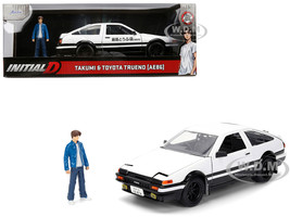 Toyota Trueno AE86 RHD Right Hand Drive White and Black with Graphics and Takumi Diecast Figure Initial D 1998 2021 TV Series Anime Hollywood Rides Series 1/24 Diecast Model Jada 34501