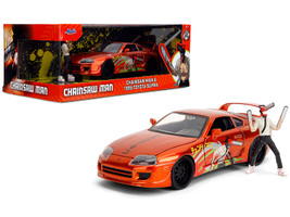 1995 Toyota Supra Orange Metallic with Graphics and Chainsaw Man Diecast Figure Chainsaw Man 2022 TV Series Anime Hollywood Rides Series 1/24 Diecast Model Jada 35181