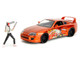 1995 Toyota Supra Orange Metallic with Graphics and Chainsaw Man Diecast Figure Chainsaw Man 2022 TV Series Anime Hollywood Rides Series 1/24 Diecast Model Jada 35181