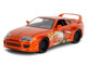 1995 Toyota Supra Orange Metallic with Graphics and Chainsaw Man Diecast Figure Chainsaw Man 2022 TV Series Anime Hollywood Rides Series 1/24 Diecast Model Jada 35181