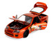 1995 Toyota Supra Orange Metallic with Graphics and Chainsaw Man Diecast Figure Chainsaw Man 2022 TV Series Anime Hollywood Rides Series 1/24 Diecast Model Jada 35181