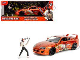 1995 Toyota Supra Orange Metallic with Graphics and Chainsaw Man Diecast Figure Chainsaw Man 2022 TV Series Anime Hollywood Rides Series 1/24 Diecast Model Jada 35181