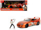 1995 Toyota Supra Orange Metallic with Graphics and Chainsaw Man Diecast Figure Chainsaw Man 2022 TV Series Anime Hollywood Rides Series 1/24 Diecast Model Jada 35181