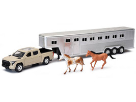 Toyota Tundra Pro Pickup Truck Beige with Horse Trailer Chrome and Horse Figures Long Haul Truckers Series 1/32 Diecast Model New Ray SS-19533