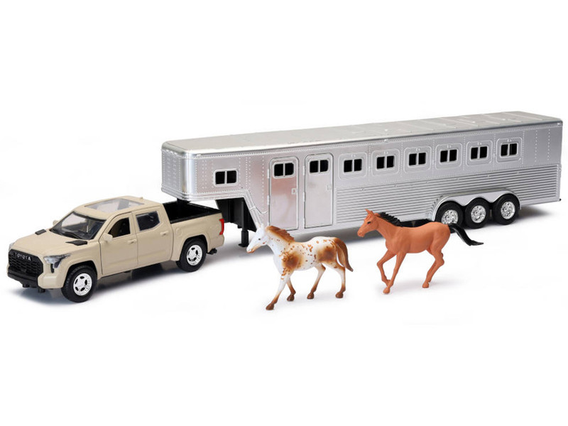 Toyota Tundra Pro Pickup Truck Beige with Horse Trailer Chrome and Horse Figures Long Haul Truckers Series 1/32 Diecast Model New Ray SS-19533