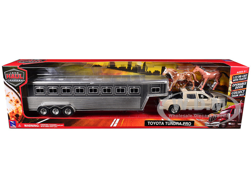 Toyota Tundra Pro Pickup Truck Beige with Horse Trailer Chrome and Horse Figures Long Haul Truckers Series 1/32 Diecast Model New Ray SS-19533
